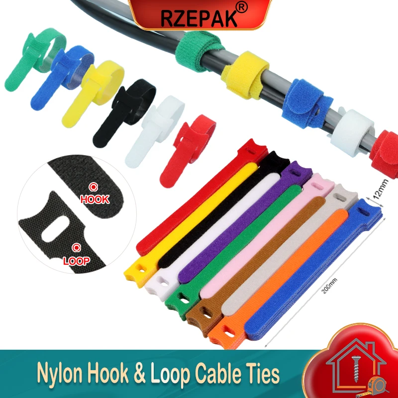 10~1000pcs Nylon Cable Ties 12x200mm Multi-Colour T-Type Hook & Loop Tape Reusable Fastener Adjustable Wire Tie Cable Organizer