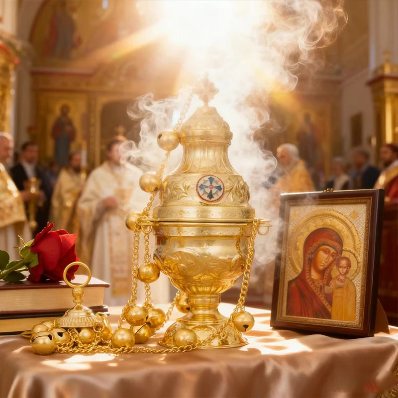 Neuer orthodoxer Weihrauchbrenner mit Kette und Glocken aus vergoldeter Zinklegierung, für Kirchenzeremonien, mit traditionellem Design, Geschenk. – Detail 12