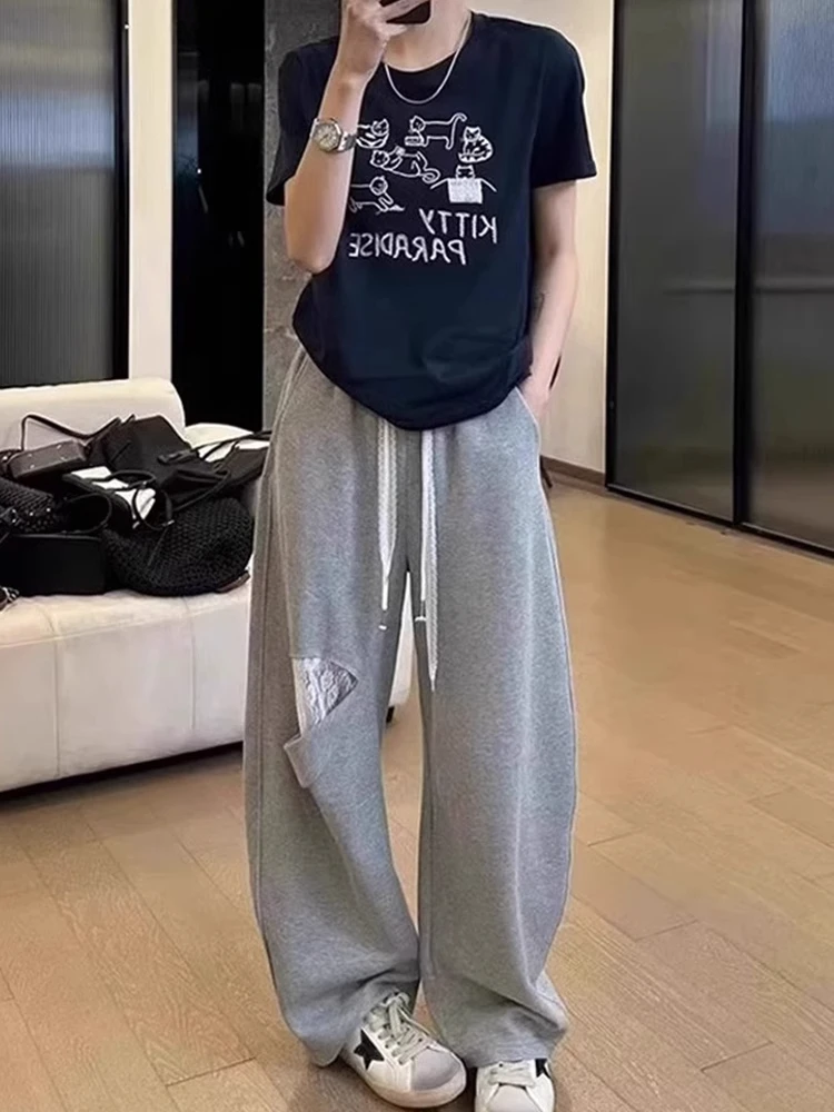 

Женские повседневные брюки больших размеров с высокой талией, прямые, в стиле пэчворк, с эффектом потертости, летняя новинка