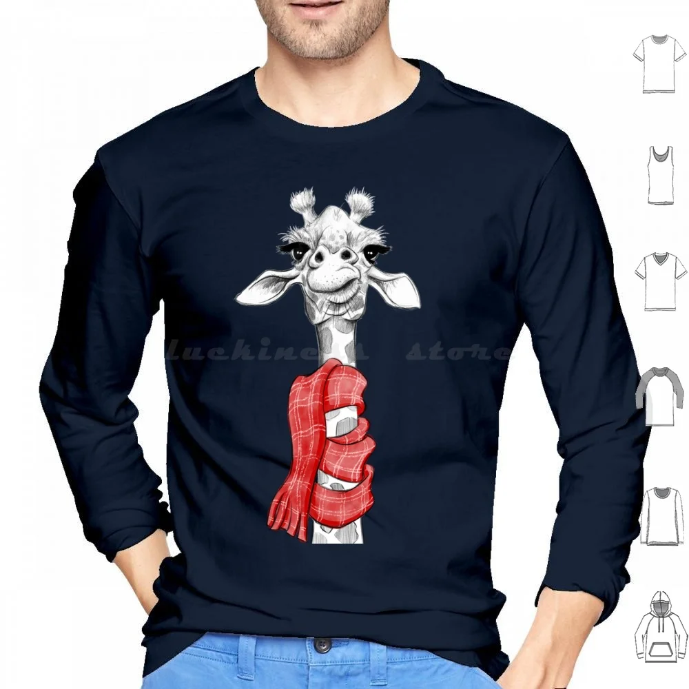 Bundled Up Giraffe Hoodie cotton Long Sleeve Giraffe Animal Sketch Warm Holiday Christmas Cute Funny Long Neck Cartoon Red