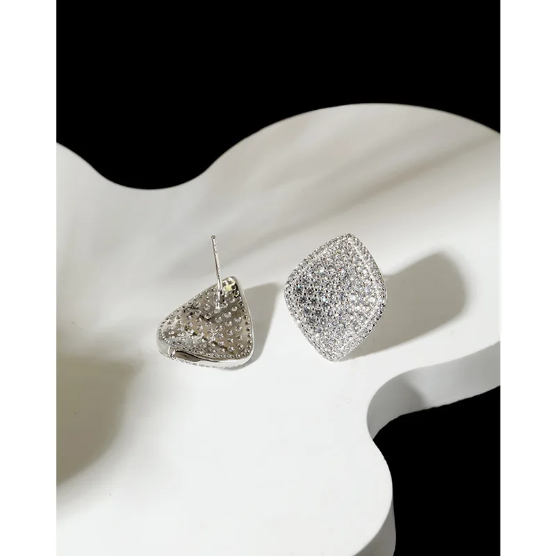 S925 Sterling Silver Rhomboid Earrings Inlaid Zircon The Twinkle of Stars Minimalist Style Easy to Match Show Tempe