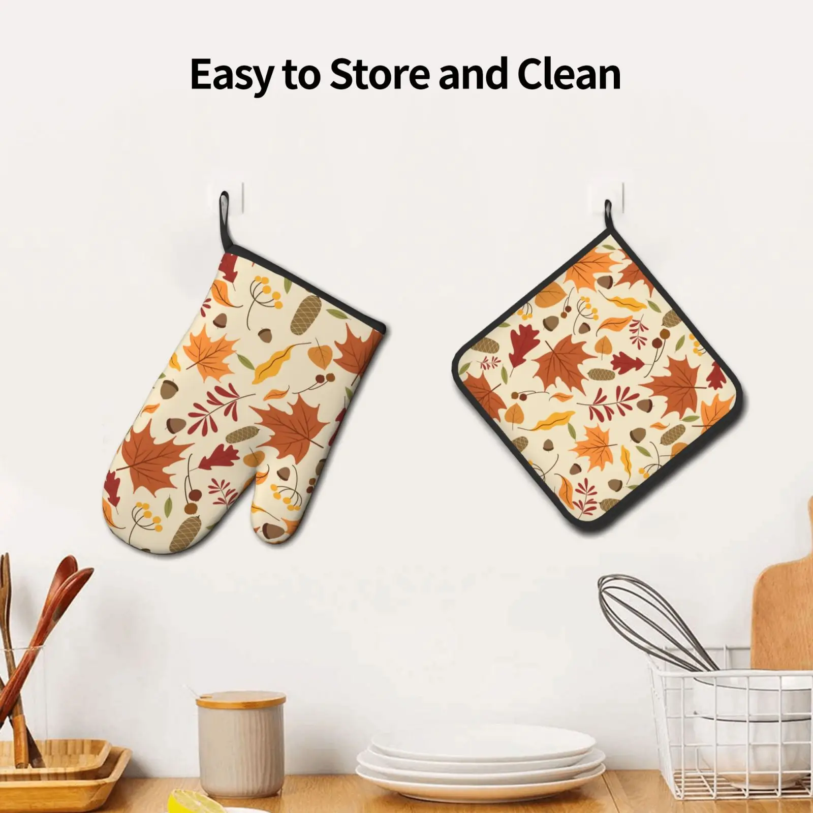 Autumn Seasonal Leave Leaf Oven Mitt and Pot Holders 2 Piece Set Fall Harvest Non-Slip BBQ Gloves for Kitchen Cooking Baking