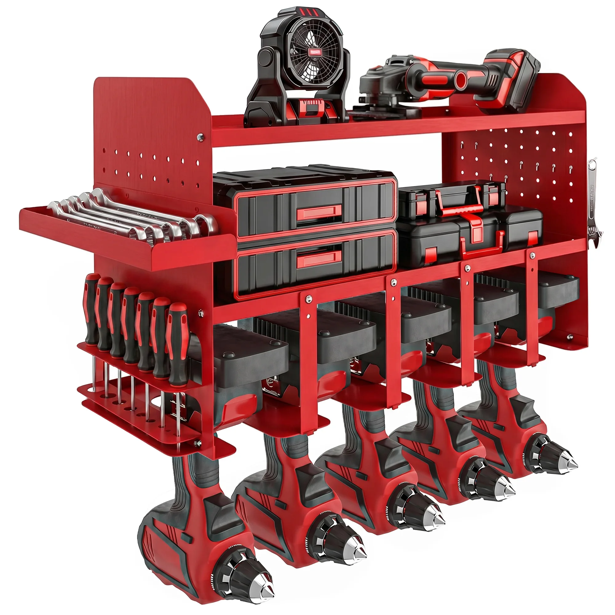 Outsunny Garden Power Tool Organizer, 2-laags wandopbergrek voor 5 boormachines, metalen standaard met zijlade en 4 haken, voor garage, werkplaats, rood
