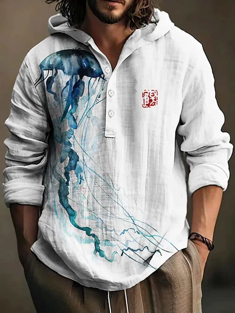 Japanese Style Watercolor Jellyfish Print Hooded Shirt 2025 Autumn Long Sleeve Henley Collar for Bohemian Casual Wear Men's Tops