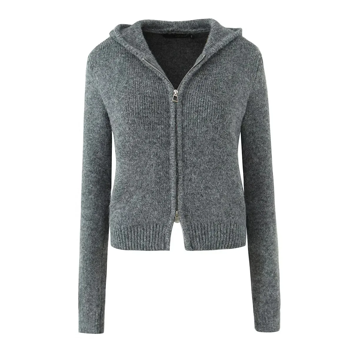 

Women Double Zipper Hood Knitted Sweater Cardigan Outwear