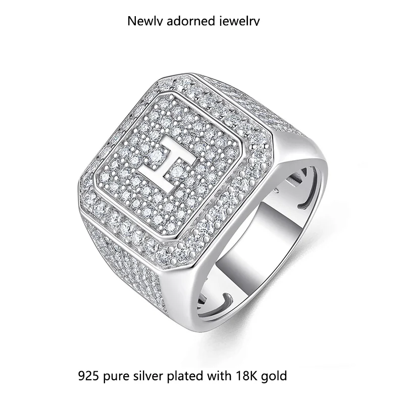 

European and American men's hip-hop ring, Moissanite, 925 silver, large size, trendy men's custom OEM ring, light luxury fashion