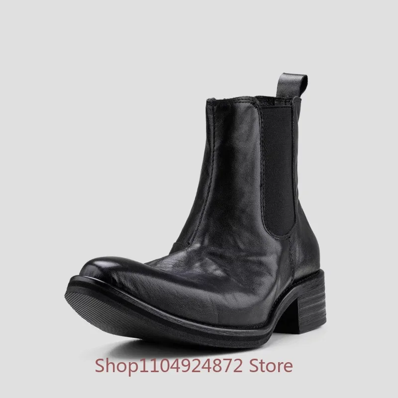 

Concise Black Pointed Toe Cowhide Thick Soled Chelsea Ankle Boots Men's Fashion Genuine Leather High Heel Motorcycle Work Boots
