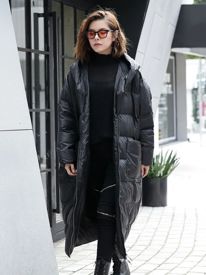 EAM] Big Size Long Hooded Cotton-padded Coat Long Sleeve Loose Fit