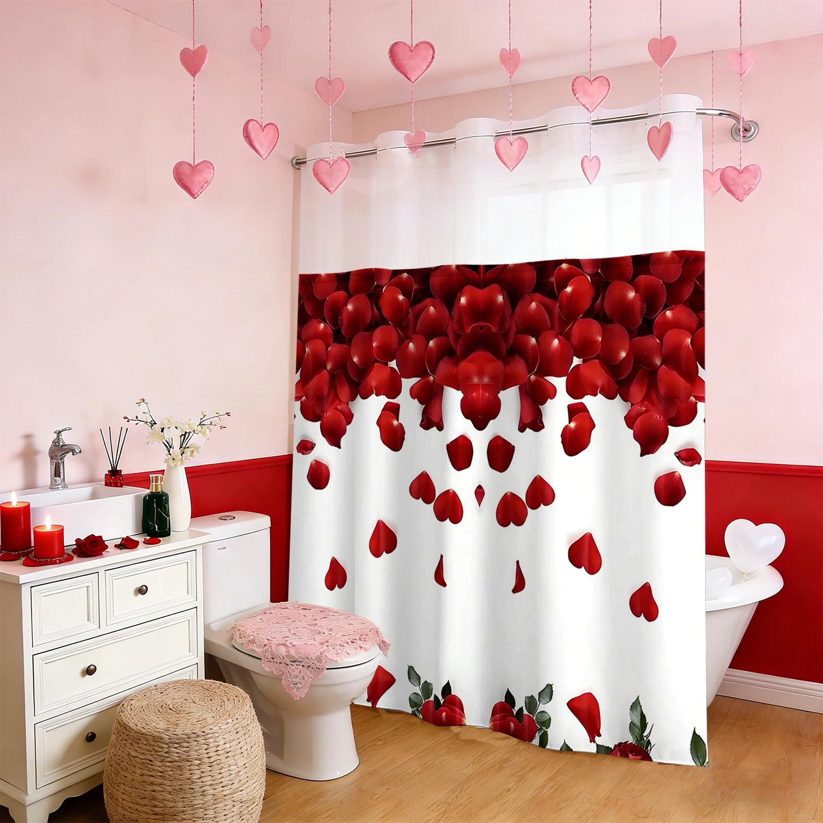 

No Hook Valentine's Day Red Rose Heart Shower Curtain With Snap-in Fabric Liner Sheer Top Window, Double Layer Bathtub curtain