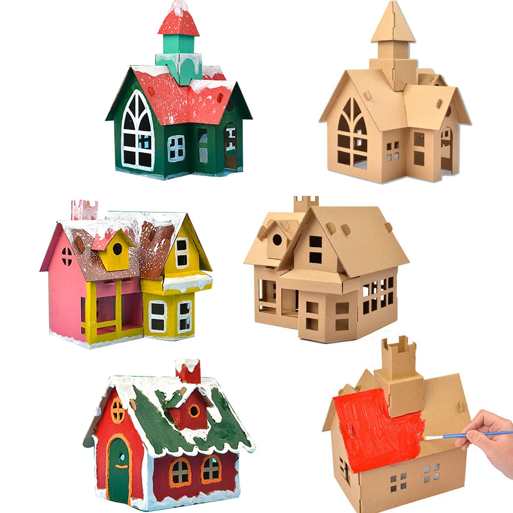 1SET Christmas DIY Painting Paper House Corrugated Board Castle Manor Villa Set Xmas Party Birthday Decor Kids Gift Home Supply