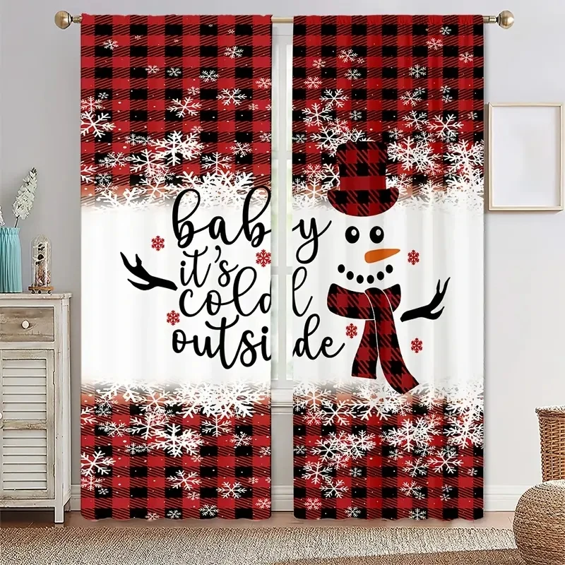 

2pcs,Christmas Snowman,Red Cow Checkered Pattern With Rod Pocket Mount Digital Printed Curtains For Bedroom Living Room Kitchen