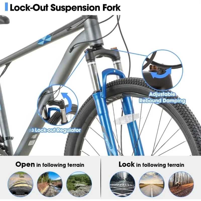 Mountain Bike Lock-Out Suspension Fork, Aluminum  Frame Hydraulic Disc-Brake for Men Women