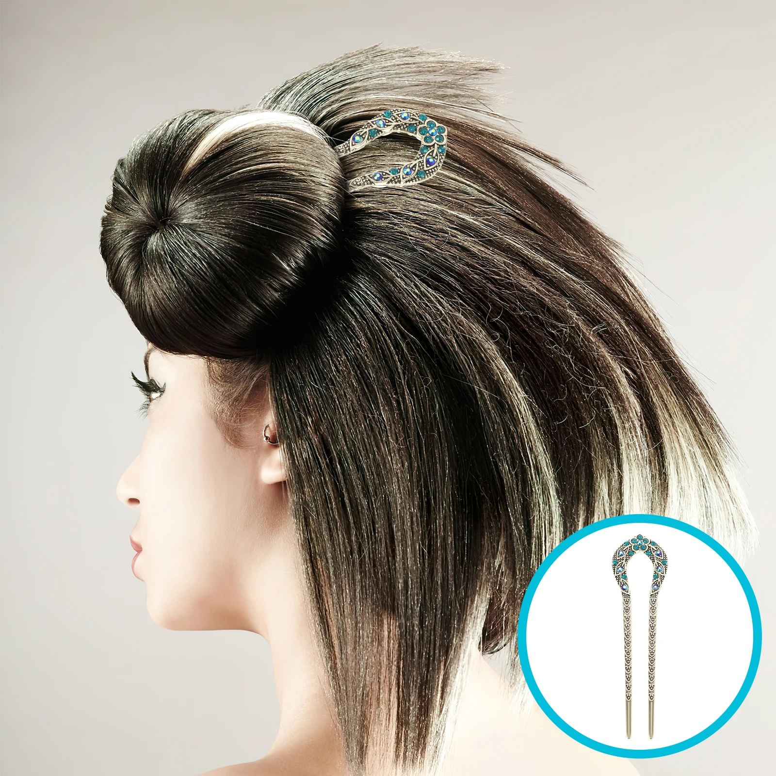 

Double Prong Hair Pin U Shaped Crystal Chignon Hairpin For Women Girls Blue Durable Alloy Elegant Hairstyle Accessory
