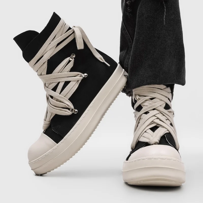 Men Thick Soled Cross Strap High Top Sports Leisure Board Shoes Niche Design Height Increasing Anti Slip High Street Commuting
