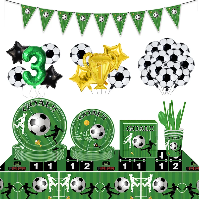 

Football Theme Party Disposable Tableware Banner Balloons Soccer Goal Cup Plate for Kids Boy Birthday Party Decoration Supplies