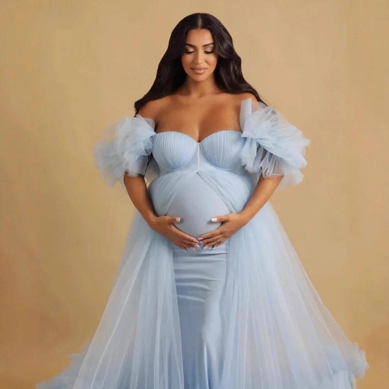 Neuankömmling Damen Umstandskleid aus Netzstoff, Fotoshooting-Kleid, herzförmig, durchsichtig, mehrfarbig, geeignet für Partykleidung