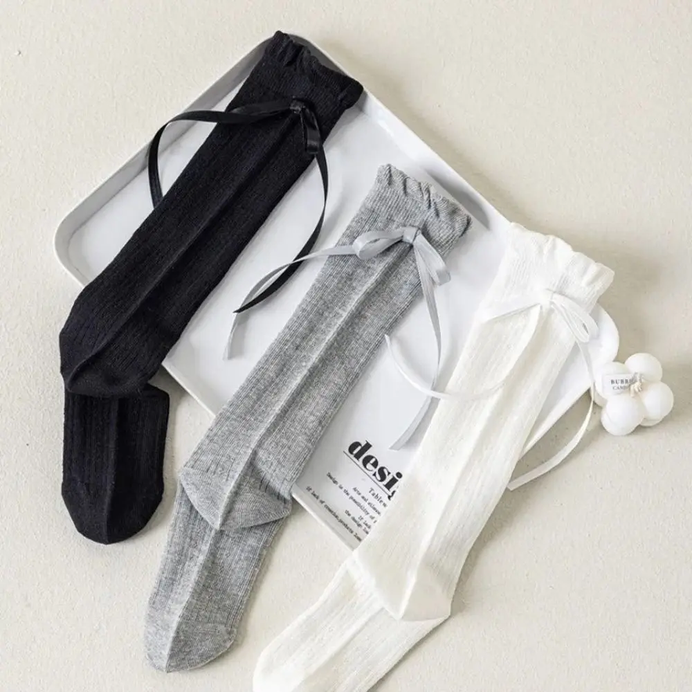 1 Pair Bow Design Mesh Long Socks Thin Soft Children's Calf Sock Long Length Solid Color Girl Socks Spring Summer