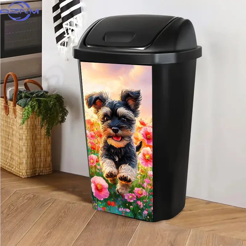 1pc 2D FLAT Trash Can Sticker, .01x81.99cm, Jumping Dog with Flowers Pattern, Suitable for Trash Cans, Walls, Kitchen Decorati