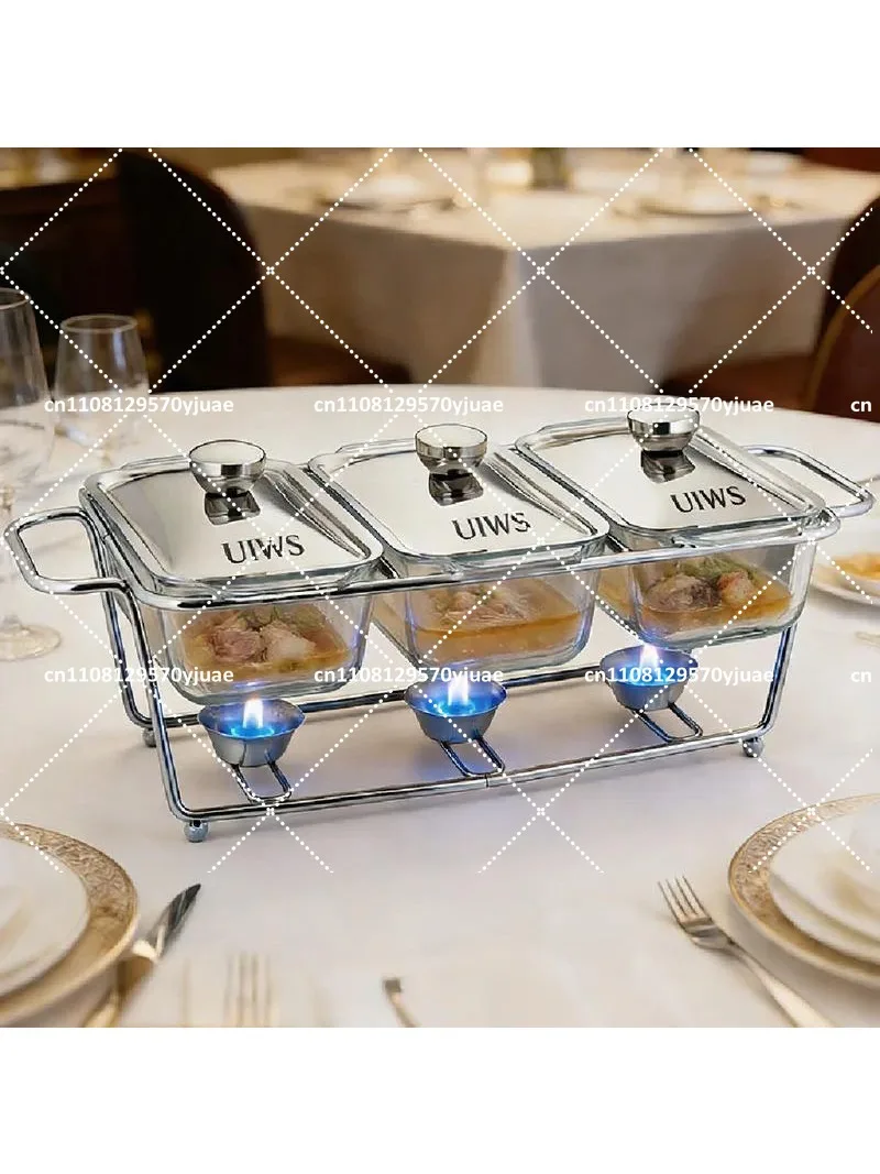 Rectangular Glass Chafing Dish Divided Food Warmer Alcohol Heating Stove with Iron Support