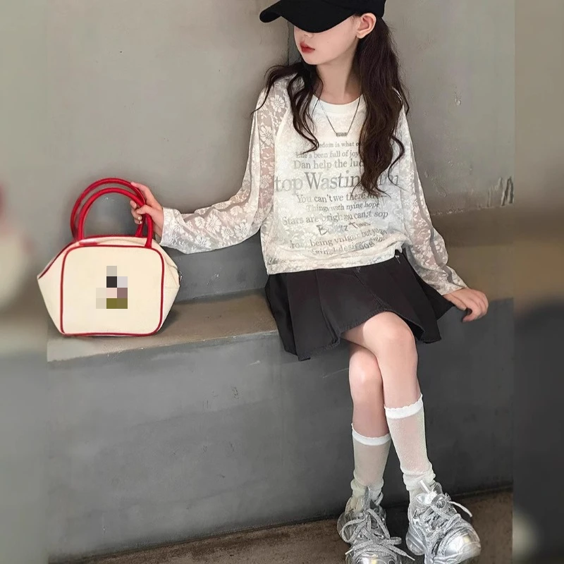 

Girls Summer 2025 New Fashion Monogram Print Casual Long Sleeve T-Shirt Medium Big Kids Tops Sun Protective Clothing