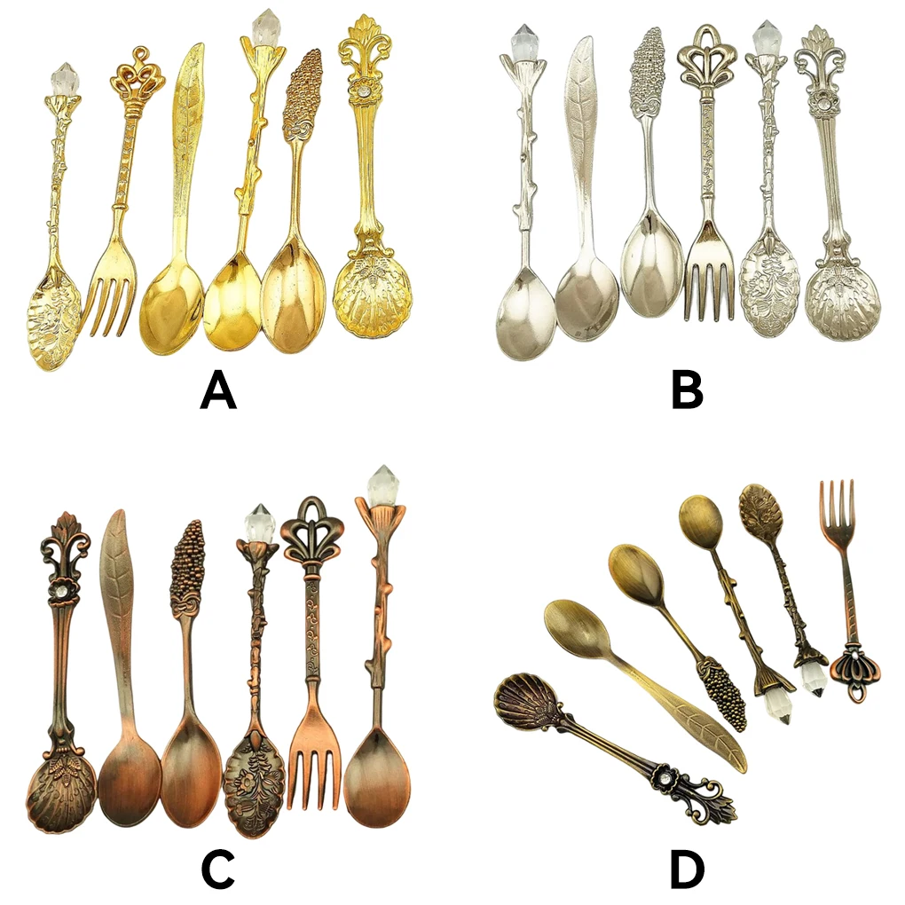 

6pcs Bronze Carved Eco-Friendly Small Tea Coffee Spoons Food Fork Mixing Scoop