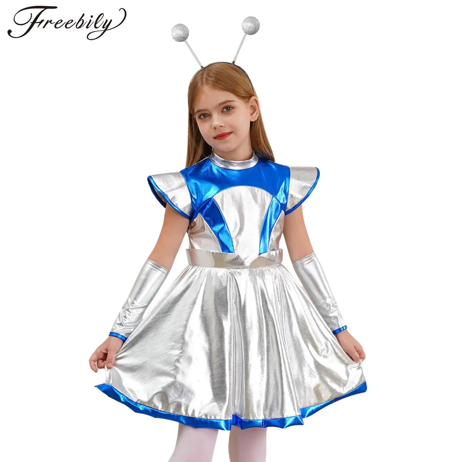 

Girls Robot Costume Kids Alien Astronaut Cosplay Costume Performance Carnival Dress with Arm Sleeve Outer Space Metallic Dress