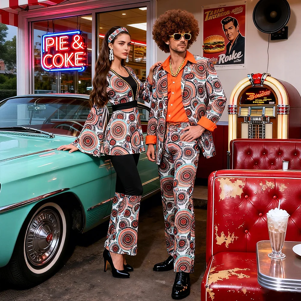 Disfraz Hippie de los años 60 y 70 para mujeres y hombres, trajes Vintage de discoteca de los años 70, disfraz de carnaval, vestido elegante, fiesta de Festival de Música para adultos