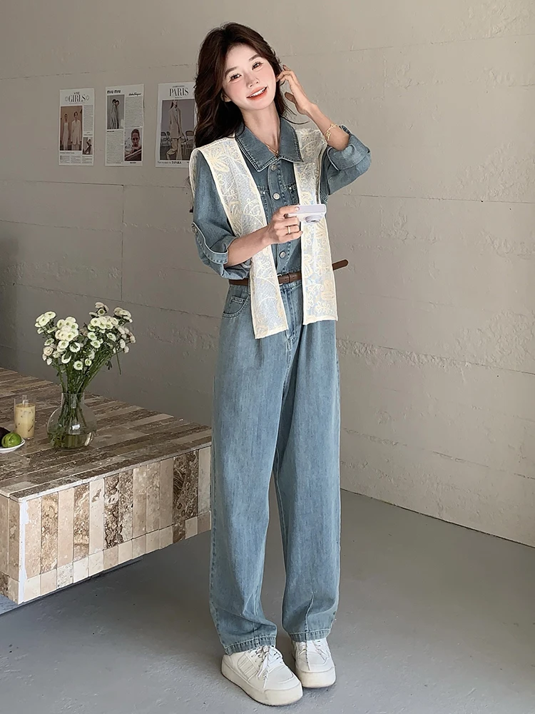 Niebieskie, codzienne spodnie dżinsowe z koronką na ramieniu, jednoczęściowe, damskie, wiosenno-jesienne, nowe, luźne, z szerokimi nogawkami, z wysokim stanem, długie.