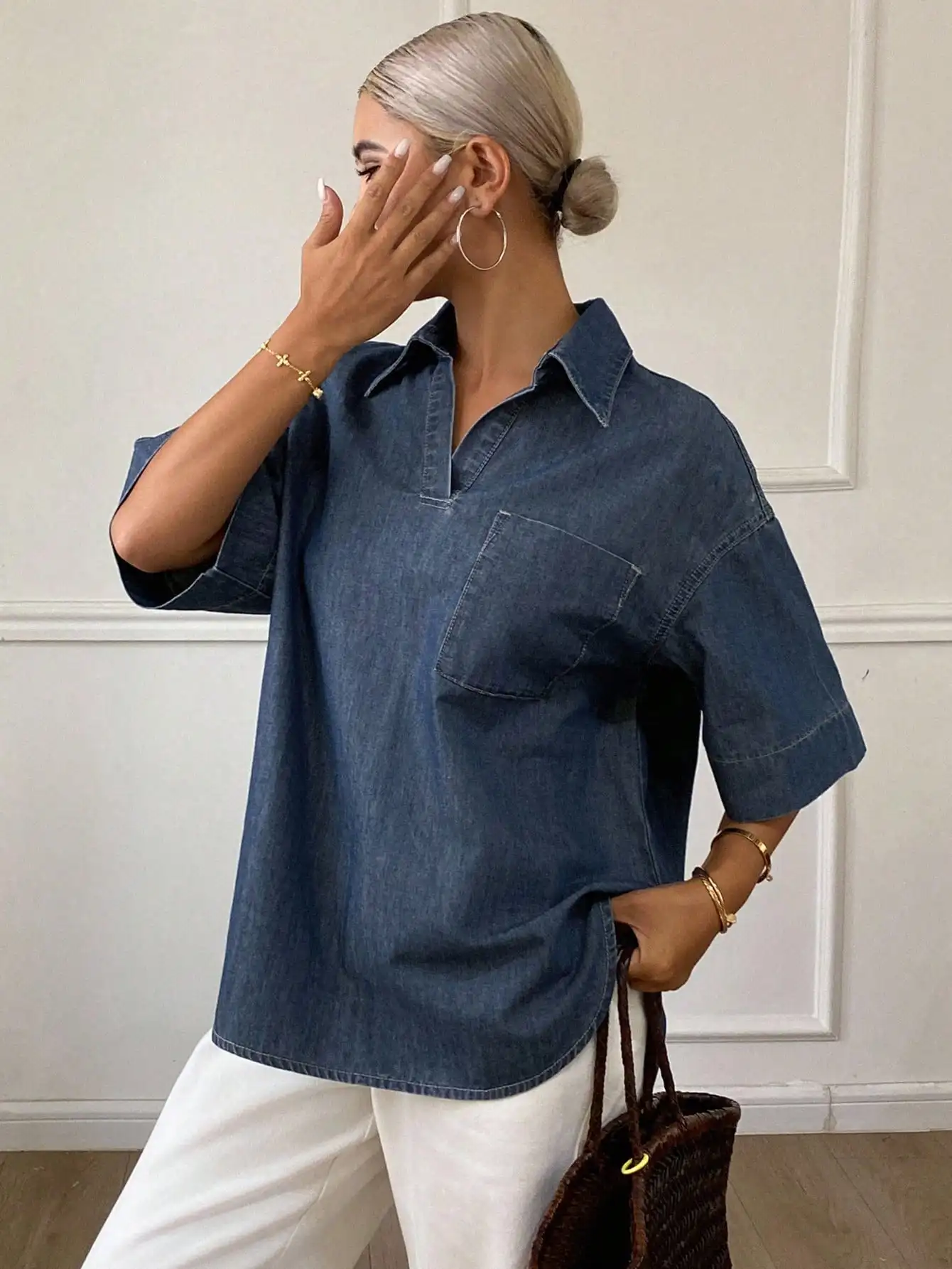 

Женская повседневная свободная джинсовая блузка с карманом и коротким рукавом