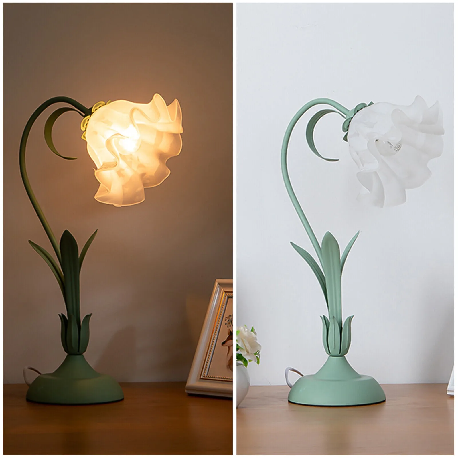 Flower Table Lamp Lily Shaped Glass Green Bedside Desk Light Gorgeous Ornament United States