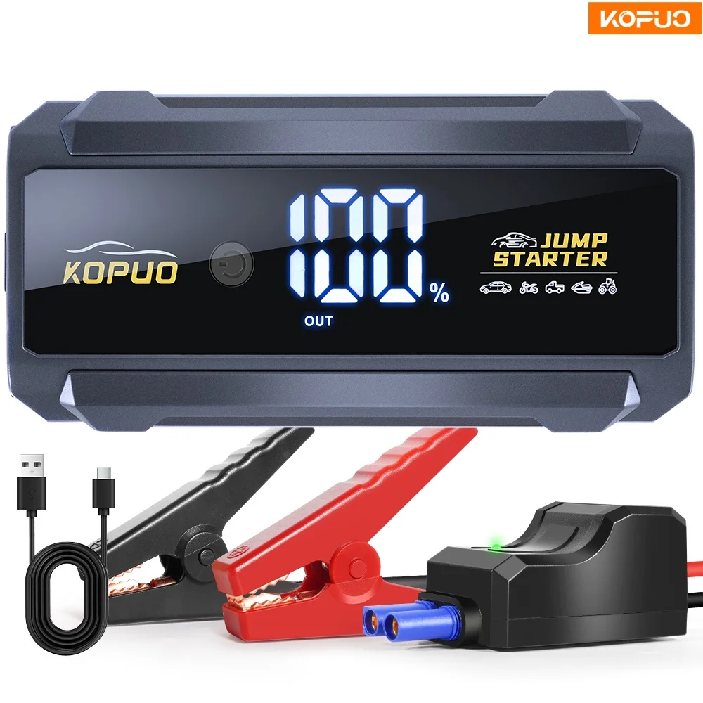 

KOPUO 3000A Emergency Car Jump Starter 12V Power Bank for All Gas Diesel Engines, with Smart Clamp, SOS Light, USB-C Fast Charge