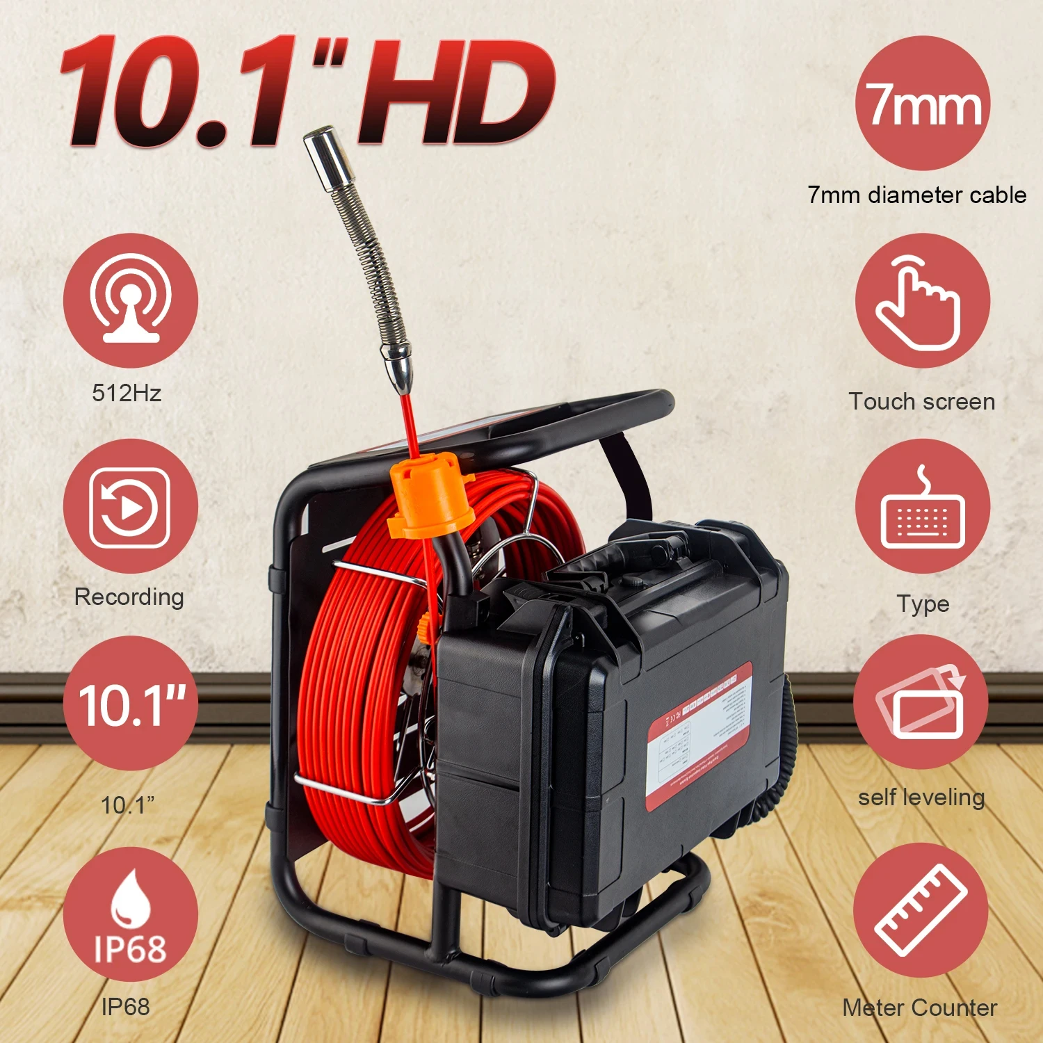 

Pipe Inspection Camera 10.1inch 1080P Screen and Self-Leveling 512HZ Locator Video+Audio Recording 8X Enlarge+Meter Counter