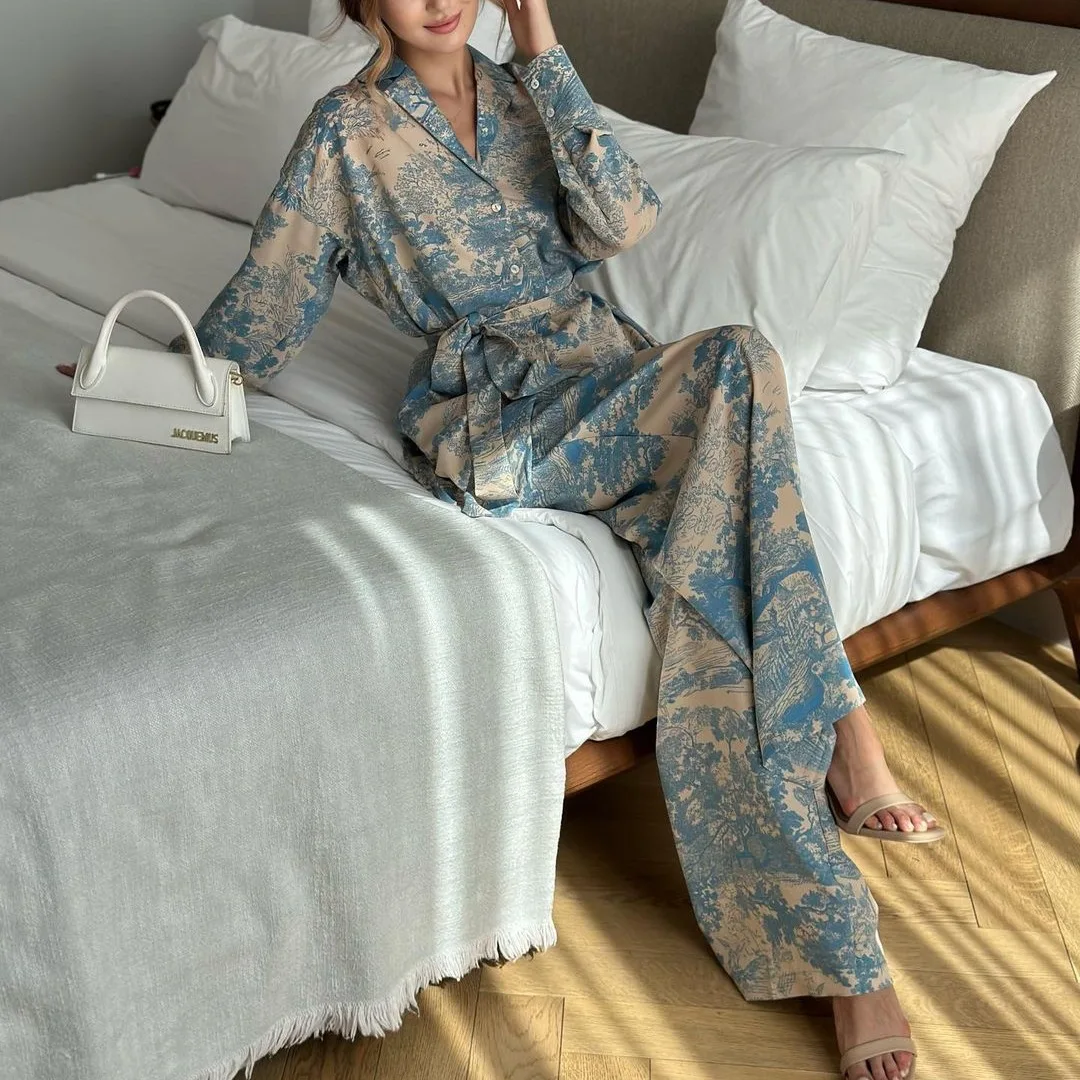 

Print Flower 2PCS Pajamas Set Sleepwear French V-Neck Fashion Women's Clothing Loose Satin Wide Leg Pants Pijamas Suit Homewear