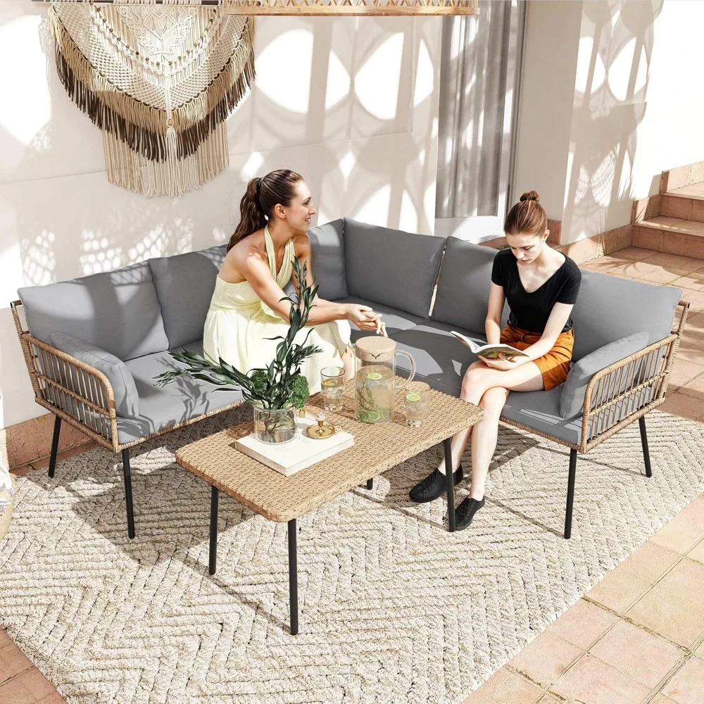 Garden Sofa, Set of 4, Modular L-shaped Sofa with 5 Seats, Removable Chaise Longue with Cushions and Side Table,terrace Sofa Set