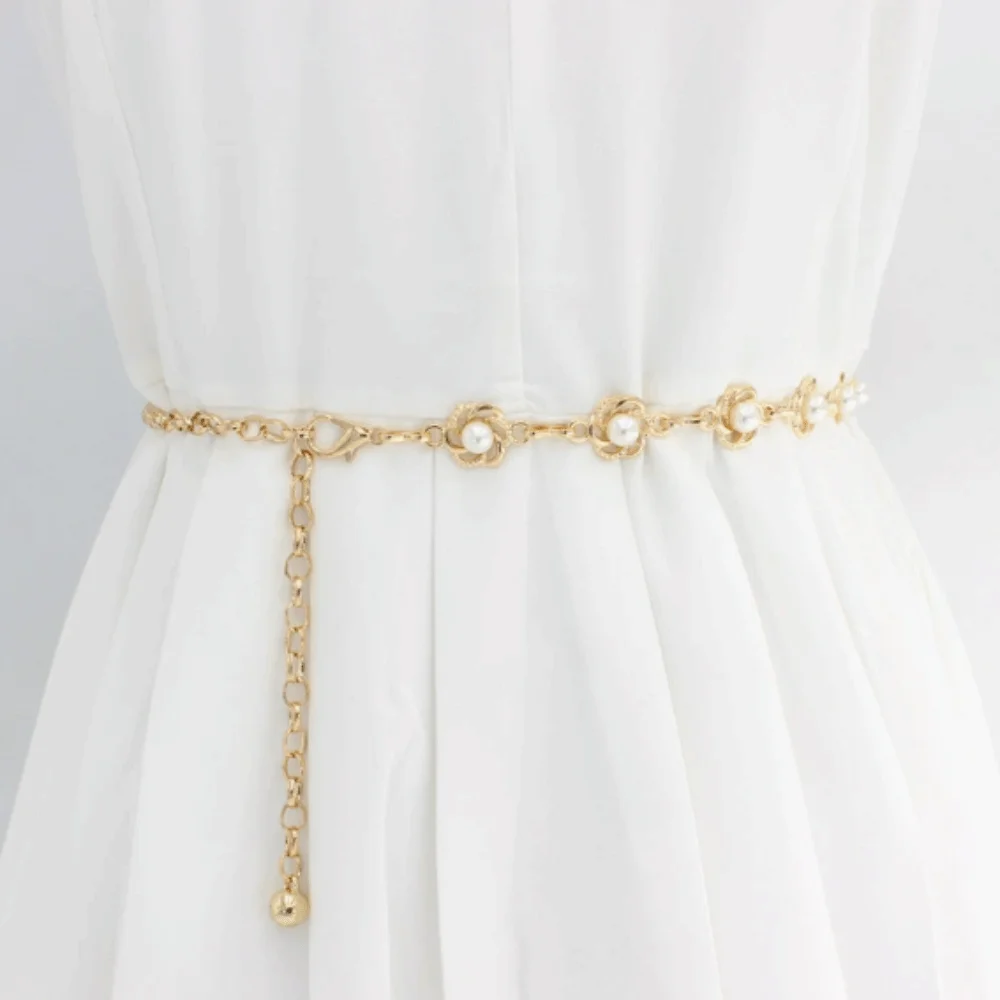 Women Gold Rose Faux Pearl Chain Waist Belt Adjustable Thin Waist Chain Elegant Decorative Belt For Wedding Party Dresses