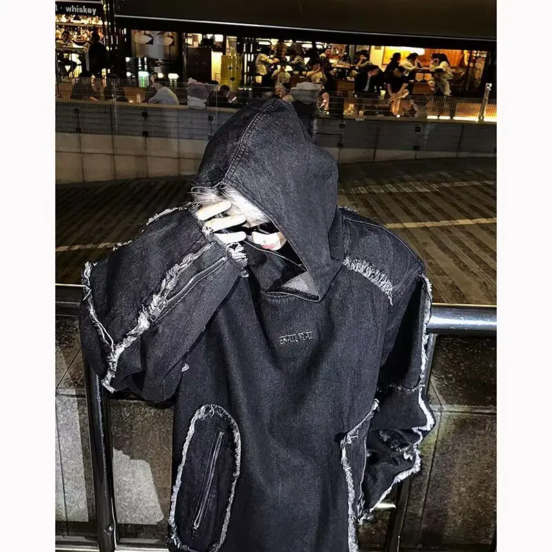 

Men's Oversized Denim Hoodie Jaet Tear Frayed Hem Cleanfit American Sle Casual Wear Spring Autumn Seasonal Long Sve