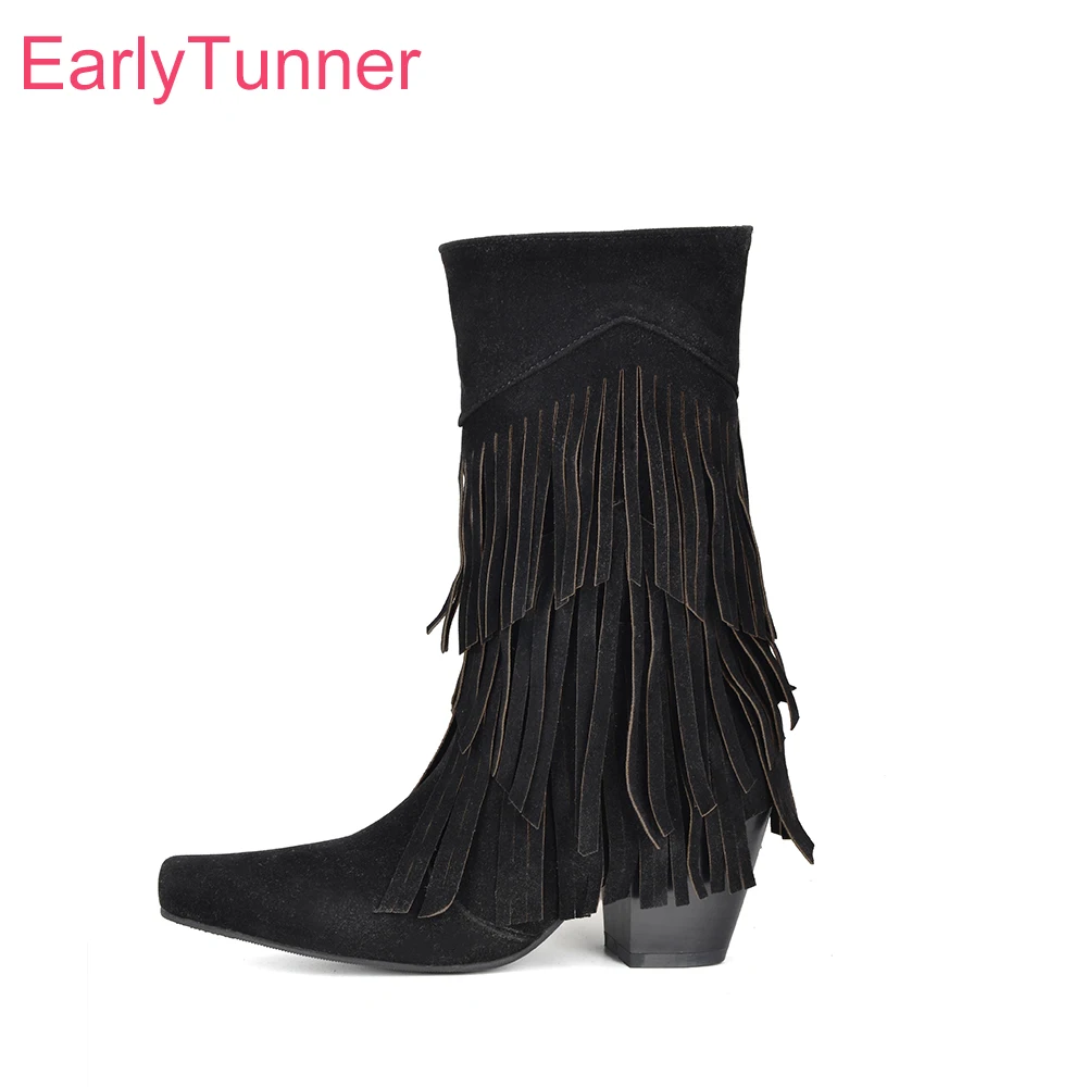 2026 Winter Fashion Fringe Western Cowboy Boots for Women Mid Calf High Block Heels Lady Shoes Large Plus Size 45 43 45