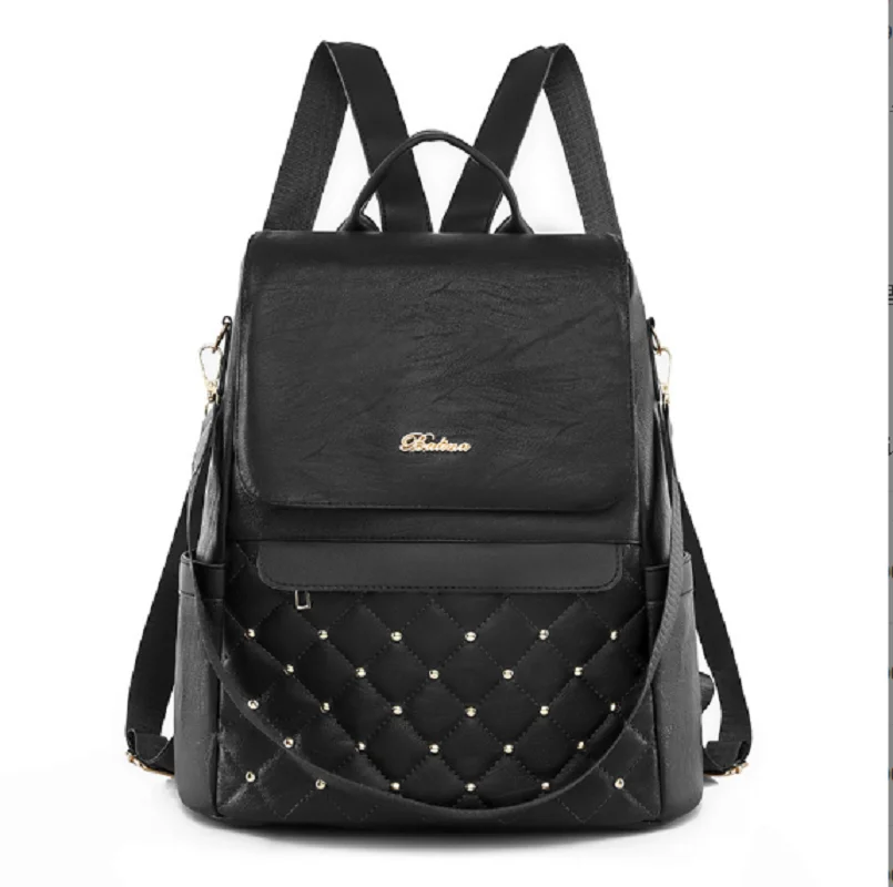 

New Women Fashion Rivet Large Capacity Anti Theft Soft Leather Backpack Ladies Casual Travel Shoulder Bags Notebook School Bag