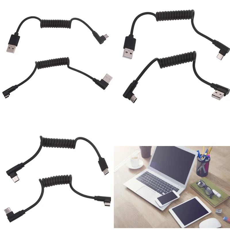 60W Fast Charging USB C to USB2.0/USB A to Micro USB/Type C to Type C Coiled Cable 90 Degree Right Angle Designs Cable for Smart