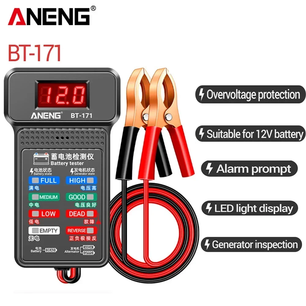 ANENG BT-171 wskaźnik akumulator samochodowy cyfrowy Tester baterii 12V z zaciski krokodylkowe narzędzie elektryka wskaźnika stanu baterii