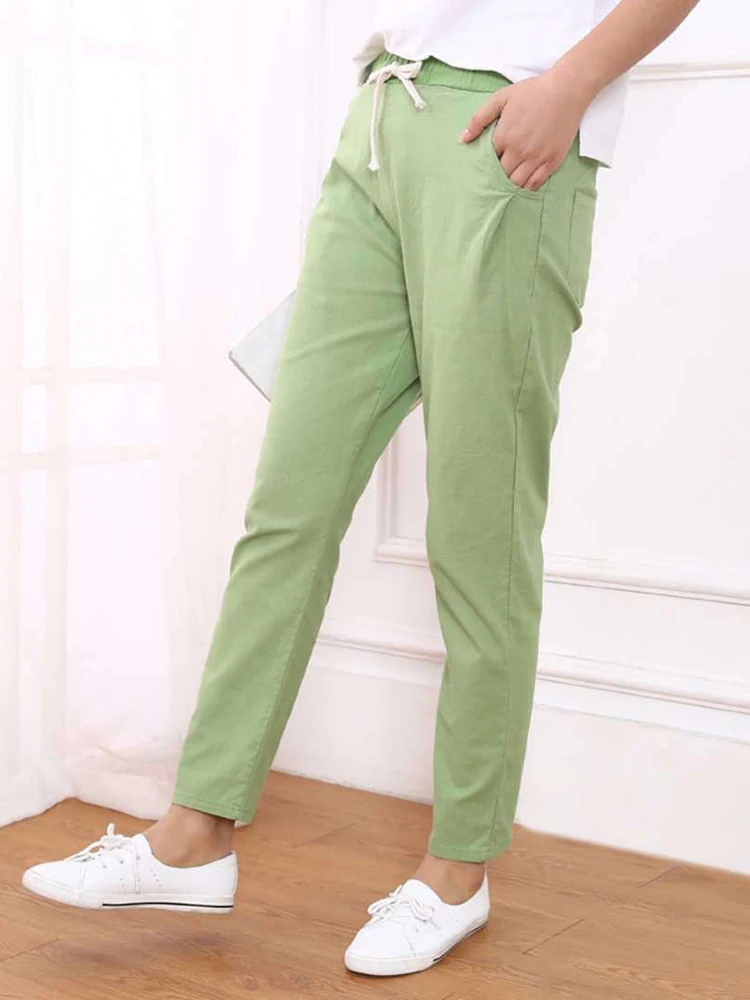 JMPRS 100% Cotton Linen Women Pants Summer Drawstring Ankle-Length Pants Elastic Waist Thin Solid Korean Fashion Ladies Trousers