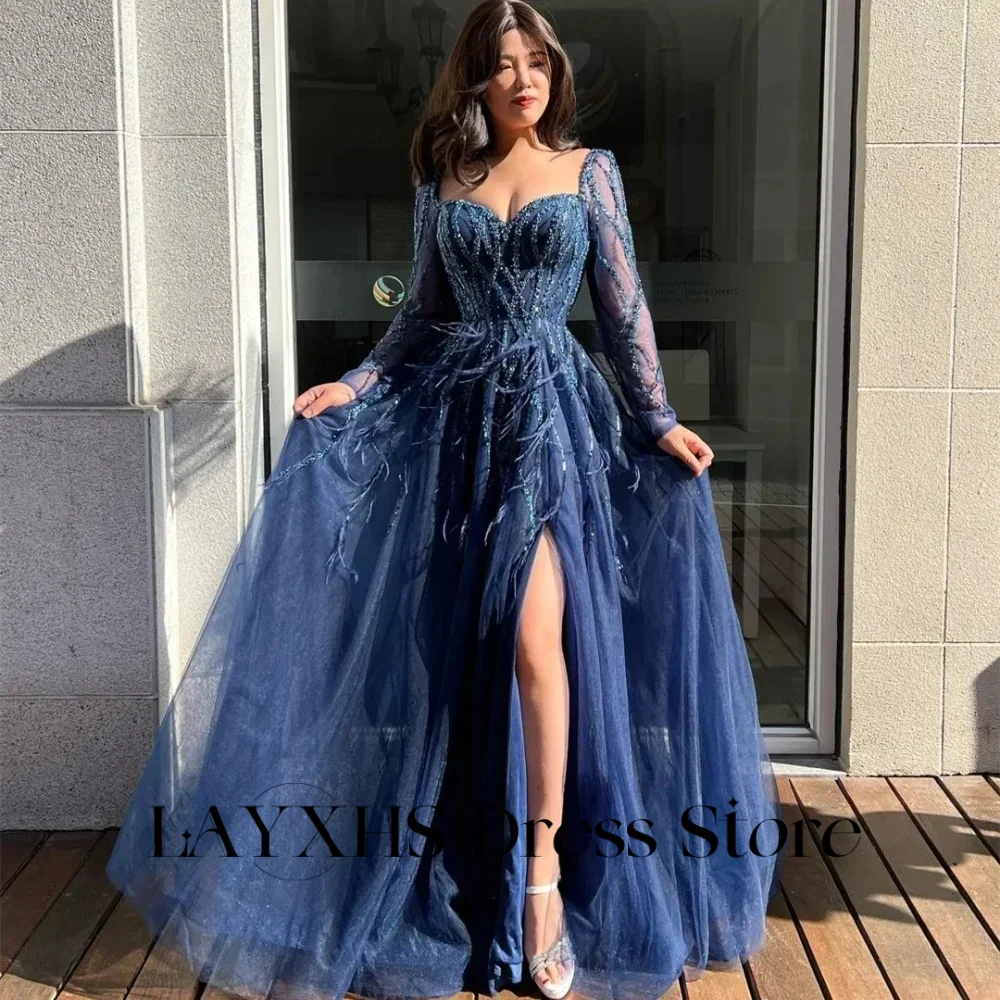 

LAYXHS Luxury Sweetheart Evening Dresses Tulle Long sleeves Feather A-Line Side Slit Prom Dresses Customized فساتين سهرة