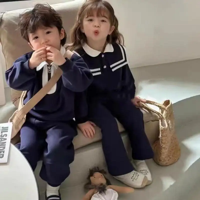 

2024 Girl Turn Down Collar Preppy Style Set High Quality Top Solid Color Pants Cute Animal Pullover Children Boy Two Piece Sets