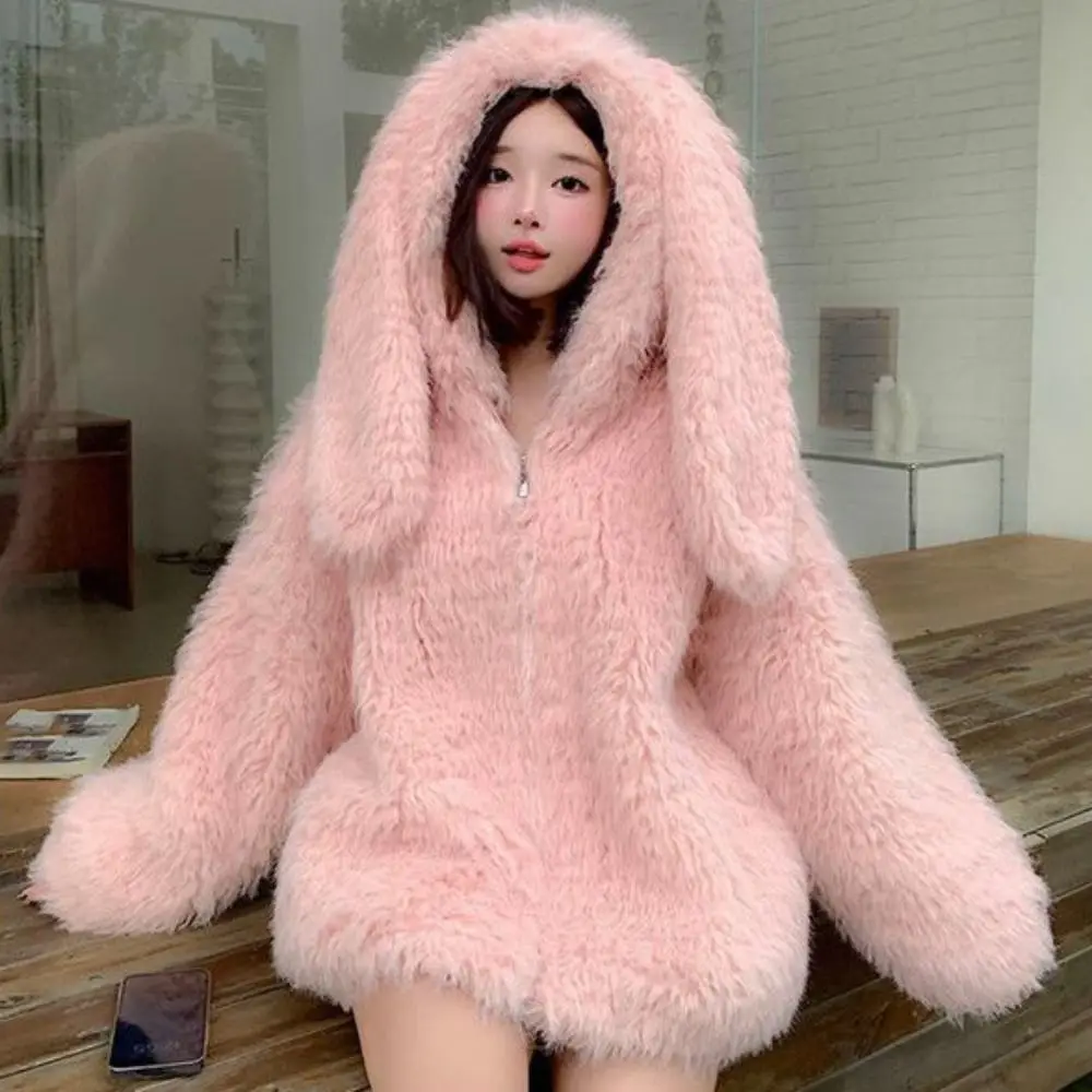 

Long Sleeve Imitation Lamb Wool Hoodie Thick Warm Winter Autumn Cardigans Women Y2K Ladies Top Kawaii Rabbit Ear Hoodie Female