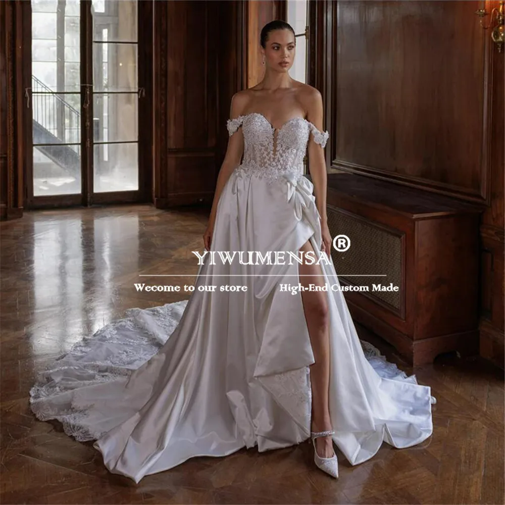 Elegant Off Shoulder Satin A Line Wedding Dress Sparkly Beaded Appliques Bridal Gowns Customized Illusion Back vestido femininos