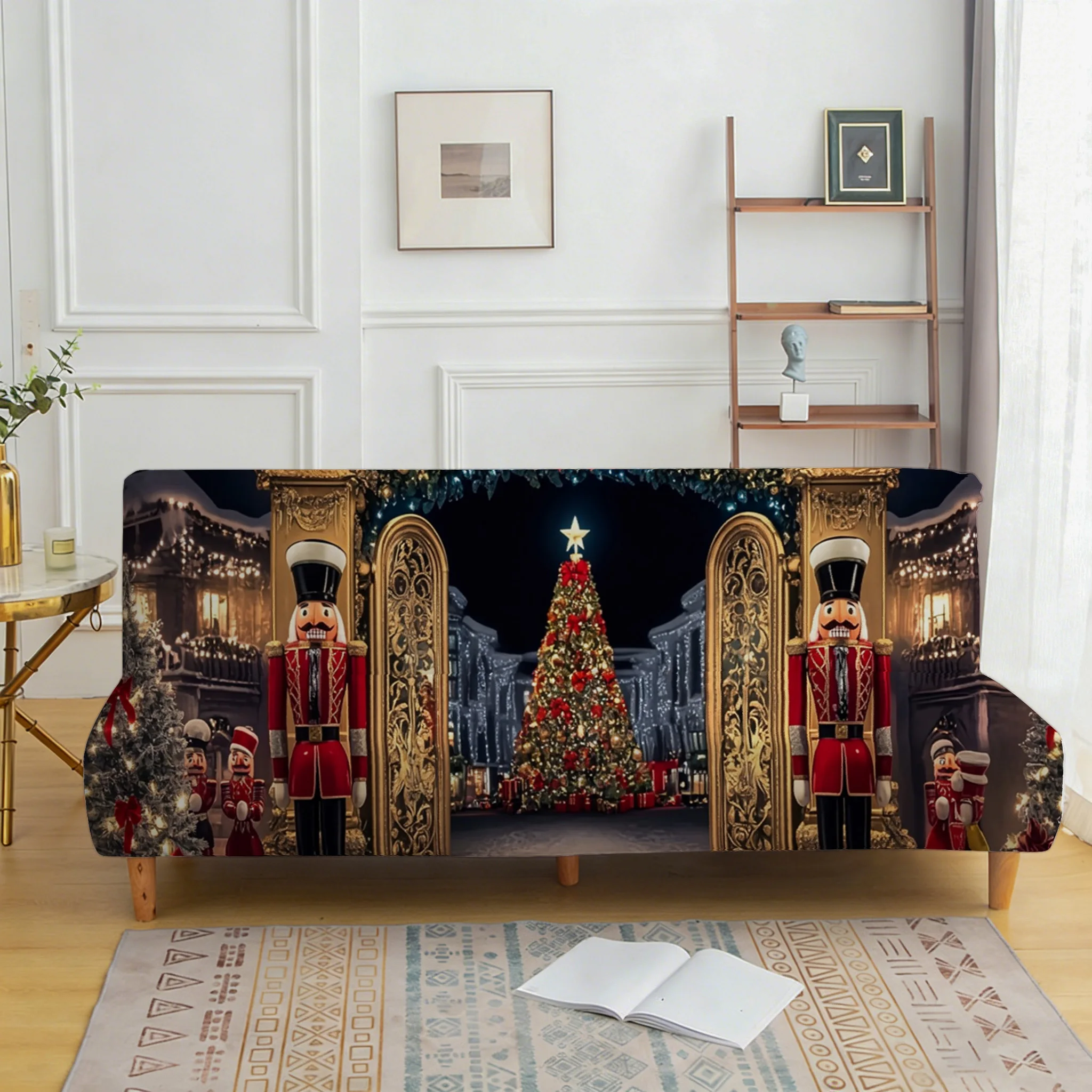 1PC Christmas Nutcracker Christmas Tree Printed Elastic Folding Sofa Bed Cover, Holiday Party Decoration for Armless Sofa cover