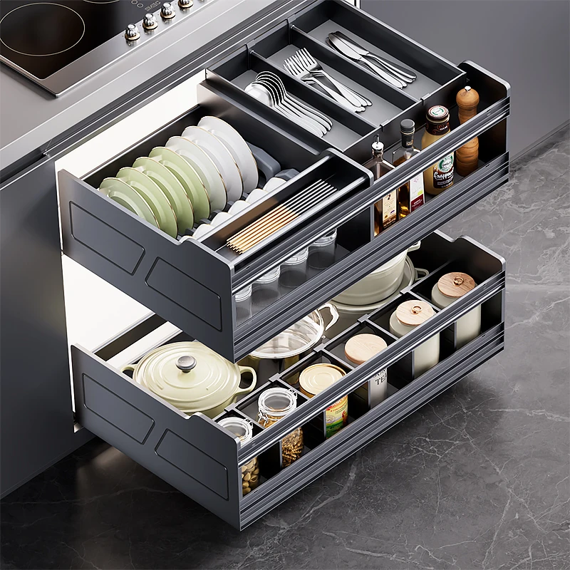 Kitchen storage and renovation, pull basket, kitchen cabinet, bowl basket cabinet, double-layer drawer type pots and utensils