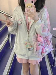 ADAgirl nakış kedi grafik Hoodies kadın Kawaii uzun kollu fermuar ile japonya tarzı Cutecore standı yaka kazak giysileri