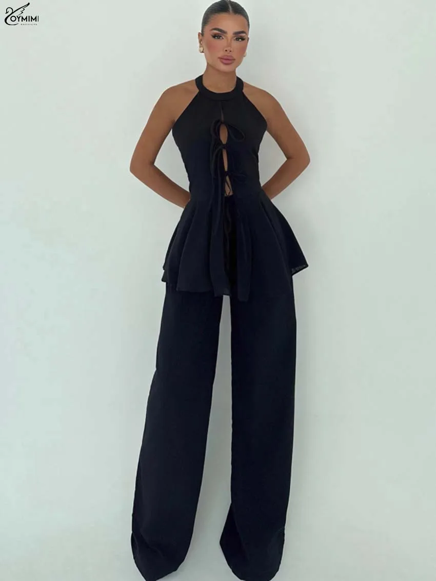 

Oymimi Casual Black Cotton Two Piece Outfits Woman Fashion O-Neck Sleeveless Lace-Up Ruffled Shirts And Straight Trousers Sets