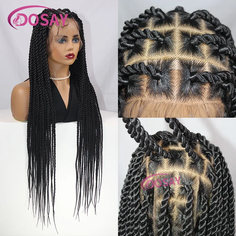 36" Full Lace Front Long Twist Braided Wigs Knotless Braided Wigs For Black Women Big Square Box Braids Wig Synthetic Lace Wig